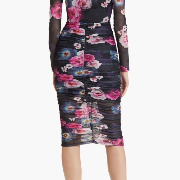 Floral Ruched Mesh Long Sleeve Midi Dress - Picture 2 of 9